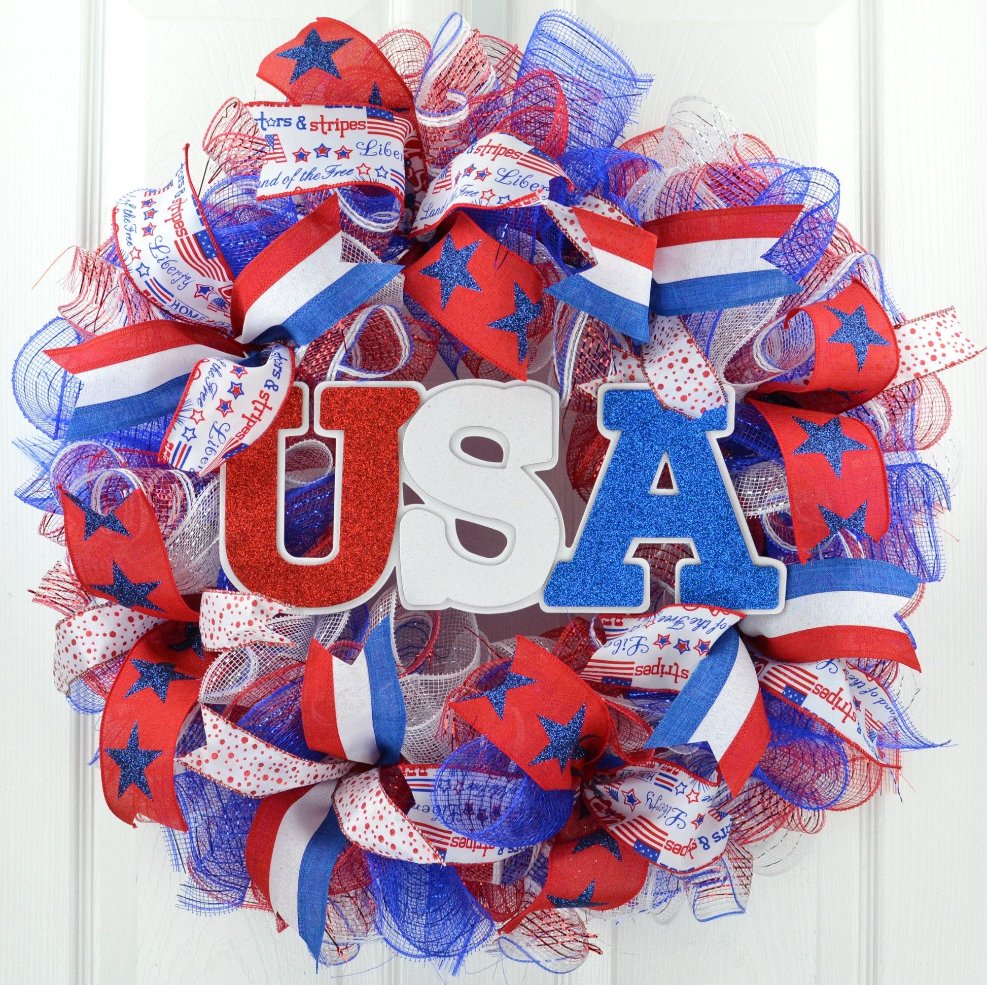 Fourth of July Wreath | USA Door Wreath | Red White Blue Flag Decoration | Patriotic Decor - Pink Door Wreaths