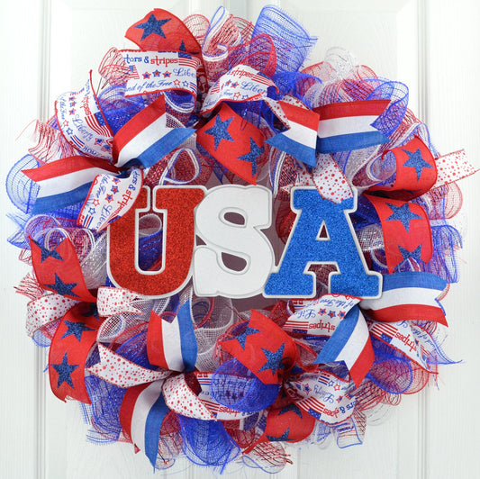 Fourth of July Wreath | USA Door Wreath | Red White Blue Flag Decoration | Patriotic Decor - Pink Door Wreaths