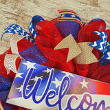 Fourth of July Wreath | USA Wreath | Welcome Mesh Door Wreath | Red White Blue Flag - Pink Door Wreaths