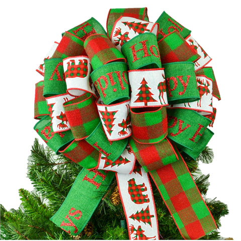 Full Bow Christmas Tree Topper - Gift Present Bow - Tree Bow | Red Emerald Green White - Pink Door Wreaths