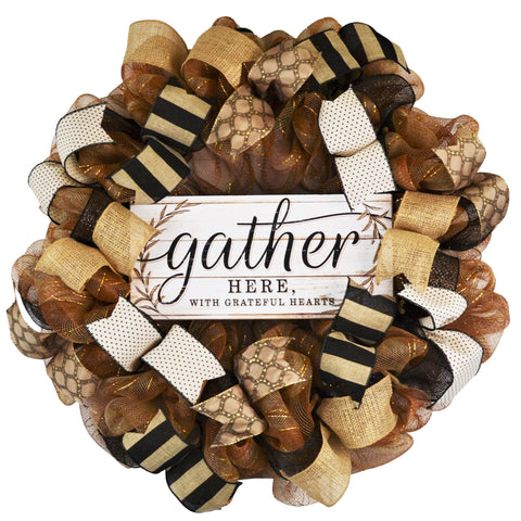 Gather Here Wreath | Fall Mesh Door Wreath | Thanksgiving Brown Ivory Black - Pink Door Wreaths