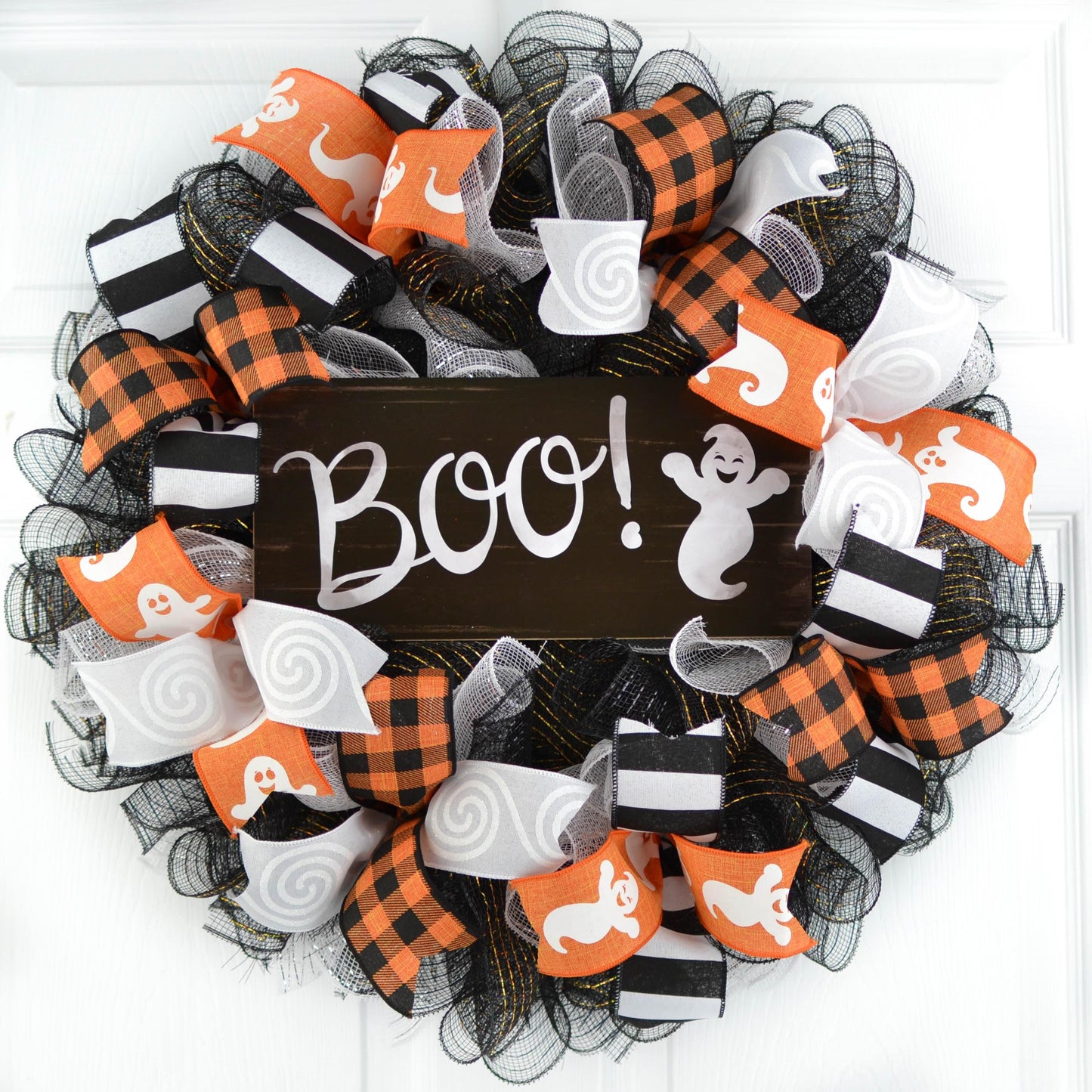 Ghost Halloween Wreath, Boo Front Door Mesh Wreaths, Black White Gold Orange - Pink Door Wreaths