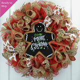 Gingerbread Wreath | Christmas Mesh Wreath | Outdoor Front Door Wreath | Red Jute Black - Pink Door Wreaths