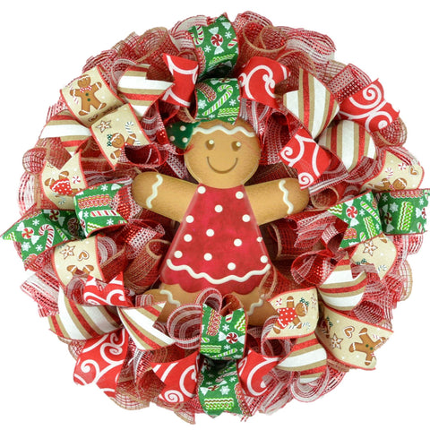 Girl Gingerbread Wreath | Outdoor Christmas Wreath | Mesh Front Door Wreath | - Pink Door Wreaths