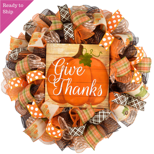 Give Thanks Wreath | Pumpkin Thanksgiving Deco Mesh Front Door Wreath - Pink Door Wreaths