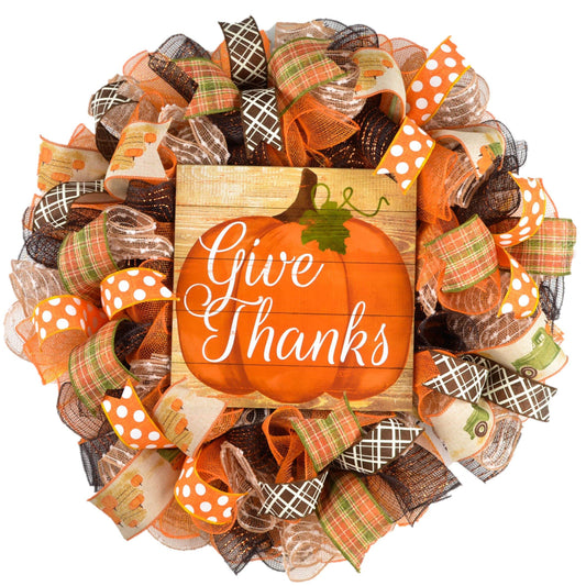 Give Thanks Wreath | Pumpkin Thanksgiving Deco Mesh Front Door Wreath - Pink Door Wreaths