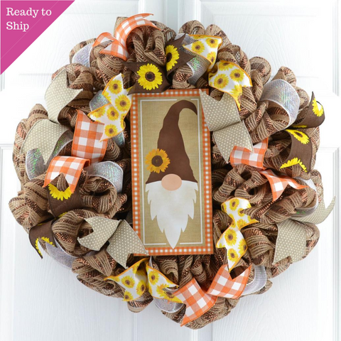 Gnome Fall Wreath - Sunflower Thanksgiving Front Door Wreath - Pink Door Wreaths