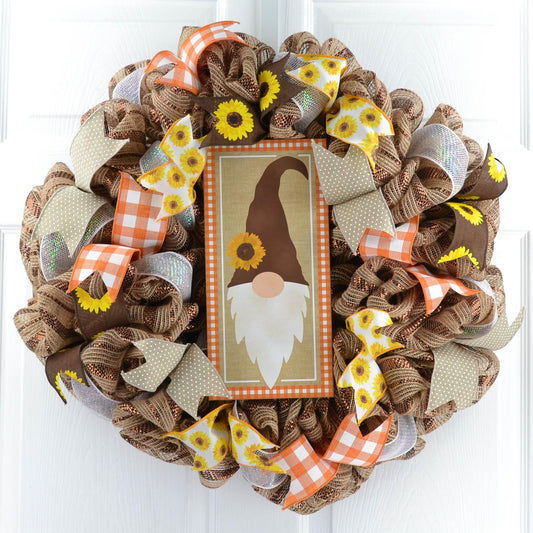 Gnome Fall Wreath - Sunflower Thanksgiving Front Door Wreath - Pink Door Wreaths