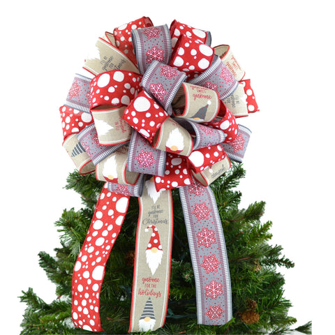 Gnome Red Grey White Christmas Tree Bow - Present Bow - Burlap Farmhouse Christmas Tree Topper - Pink Door Wreaths