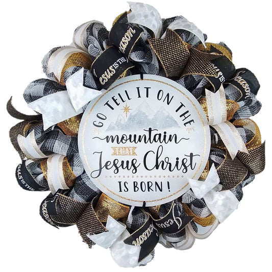 Go Tell it on the Mountain that Jesus Christ is Born Christmas Wreath - Church Christian Religious Front Door Wreath - Black Gold White Farmhouse - Pink Door Wreaths