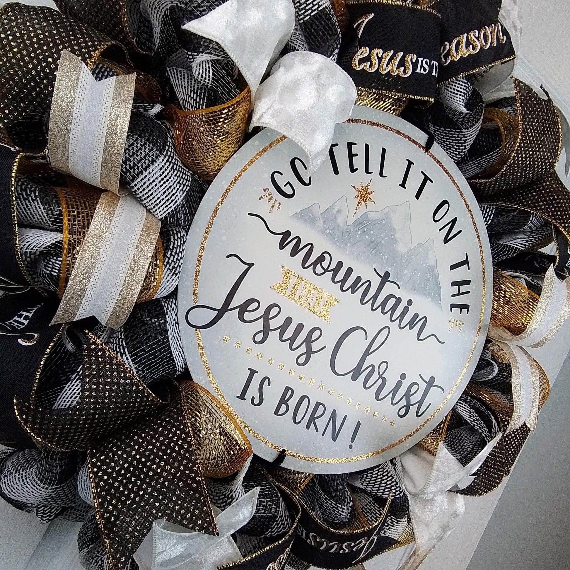 Go Tell it on the Mountain that Jesus Christ is Born Christmas Wreath - Church Christian Religious Front Door Wreath - Black Gold White Farmhouse - Pink Door Wreaths