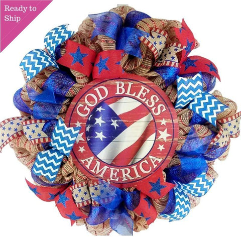 God Bless America Door Wreath | Fourth of July Wreath | Red White Blue Burlap - Pink Door Wreaths