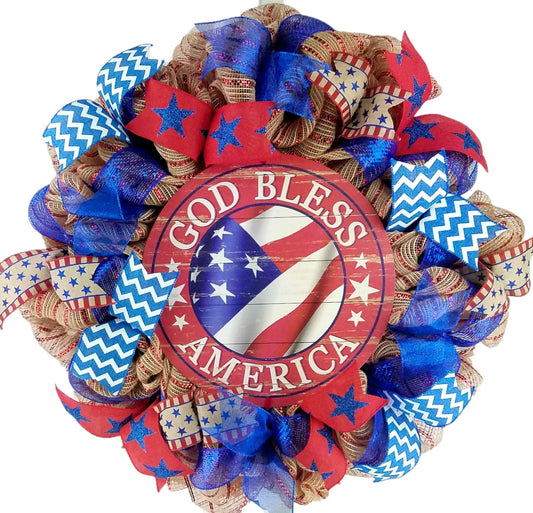 God Bless America Door Wreath | Fourth of July Wreath | Red White Blue Burlap - Pink Door Wreaths