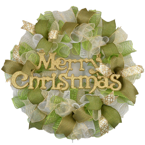 Gold, Cream Ivory, and Moss Apple Green Outdoor Christmas Wreath with Burlap and White Accents for Front Door - Pink Door Wreaths