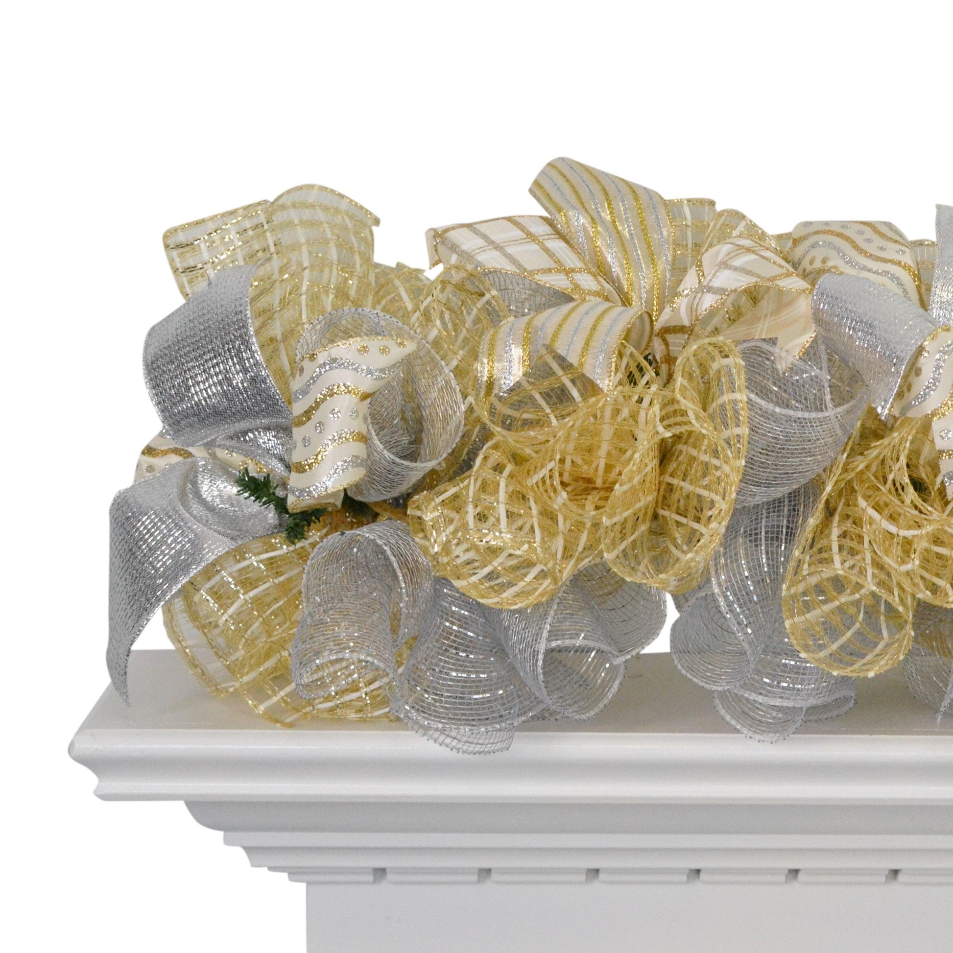 Gold Silver Ivory Christmas Garland for Staircase or Mantle - Mantel Decor - Cream Shimmer Metallic TB7 - Pink Door Wreaths
