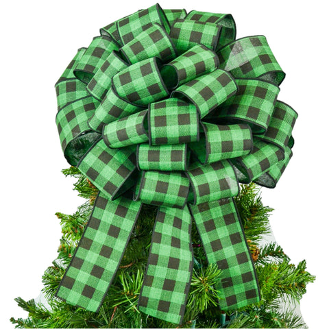 Green Black Buffalo Plaid Check Bow Christmas Tree Toppers - Pink Door Wreaths