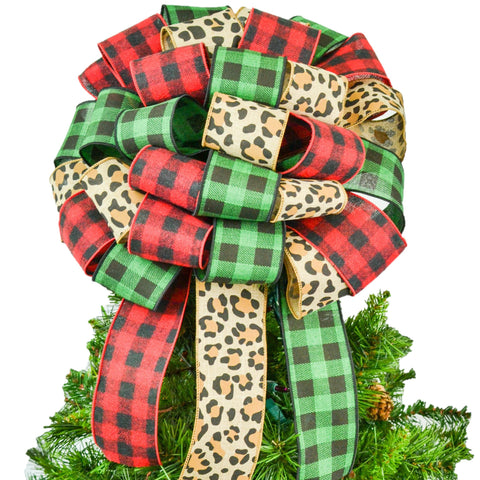 Green Black Red Brown Animal Print Burlap Buffalo Plaid Check Bow | Christmas Tree Topper Bow - Pink Door Wreaths