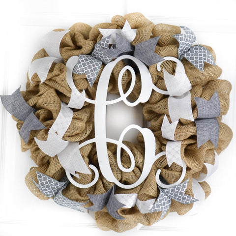 Grey Burlap Monogram Wreath - White Everyday Front Door Decor - Pink Door Wreaths