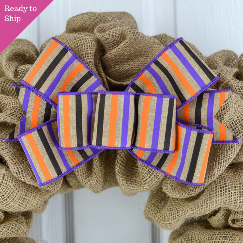 Halloween Striped Wreath Bow - Orange Purple Black Burlap Wreath Embellishment for Making Your Own - Pink Door Wreaths