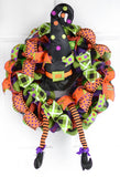 Halloween Witch Wreath | Hat Legs Halloween Front Door Mesh Welcome Wreath; Lime Green Black Orange - Pink Door Wreaths