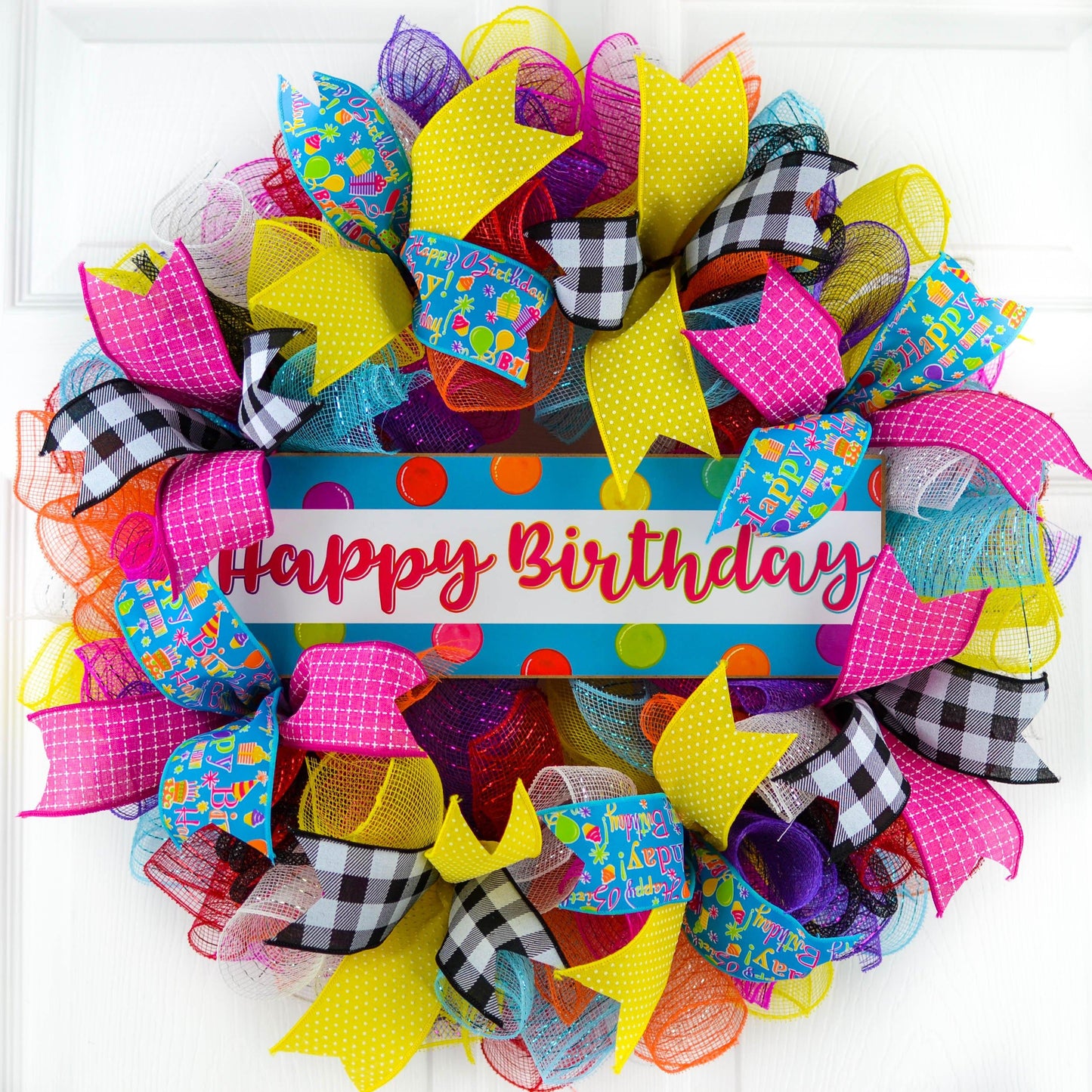 Happy Birthday Mesh Wreath | Family Birthday Front Door Decor | Pink Red Blue White Yellow… - Pink Door Wreaths