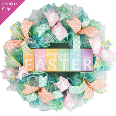 Mint and pastel Happy easter wreath
