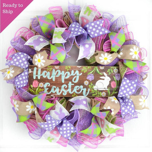 Pink Purple and Jute wreath with Easter Ribbons and wooden Easter sign