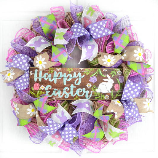 Happy Easter Wreath | Spring Welcome Door Wreath | Burlap Pink Purple - Pink Door Wreaths