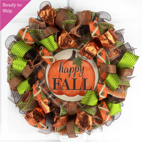 Happy Fall Mesh Front Door Wreath | Thanksgiving Orange Green Brown - Pink Door Wreaths