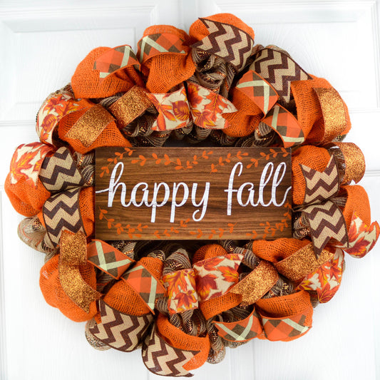 Happy Fall Thanksgiving Fall Mesh Front Door Wreath | Orange Brown Copper - Pink Door Wreaths