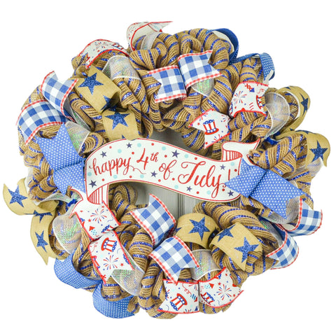 Happy Fourth of July Mesh Door Wreath Banner - Independence Day Burlap Red White Royal Blue White - Pink Door Wreaths