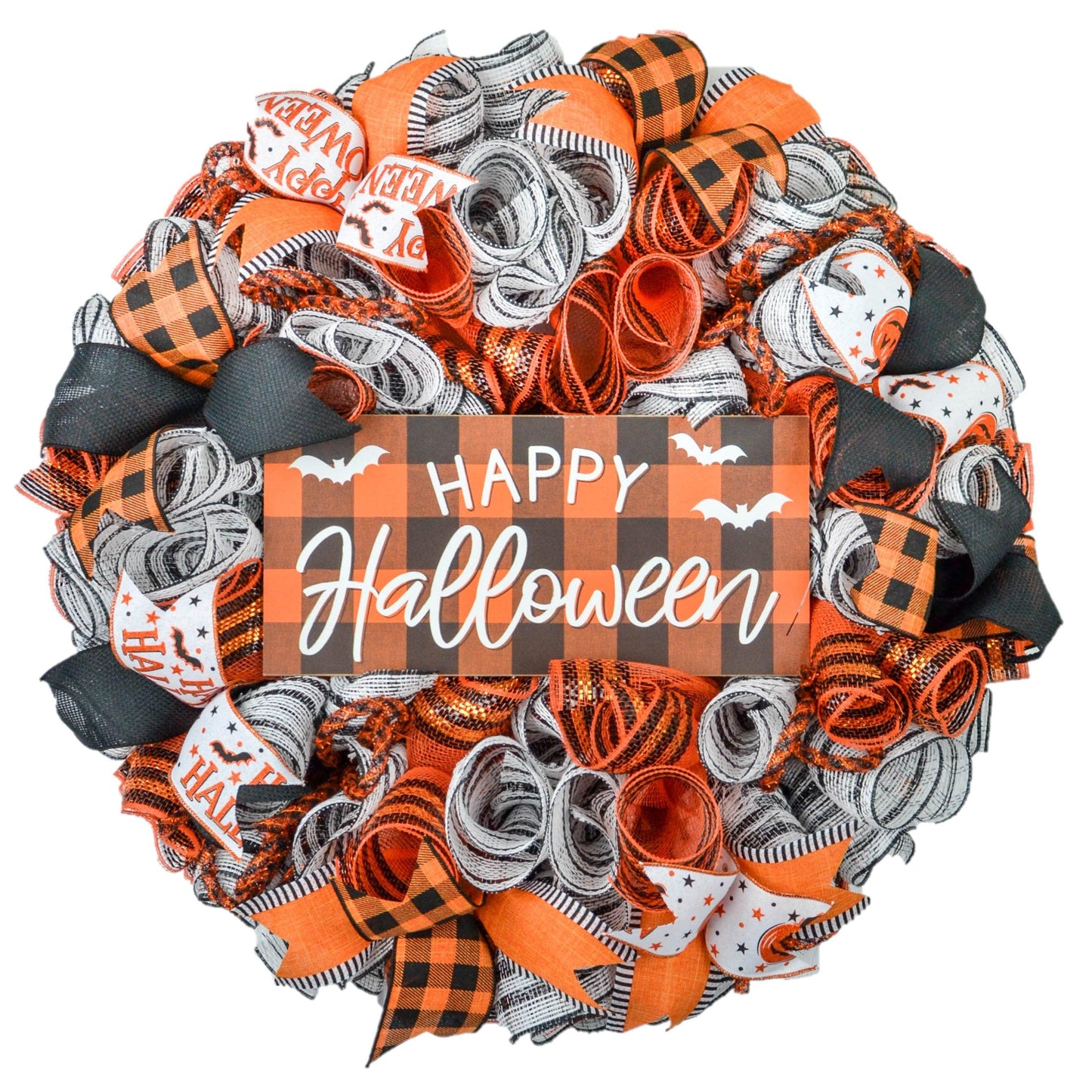 Happy Halloween Buffalo Plaid Wreath - Orange and Black Checkered Front Door Wreaths - Fall Decor - Pink Door Wreaths