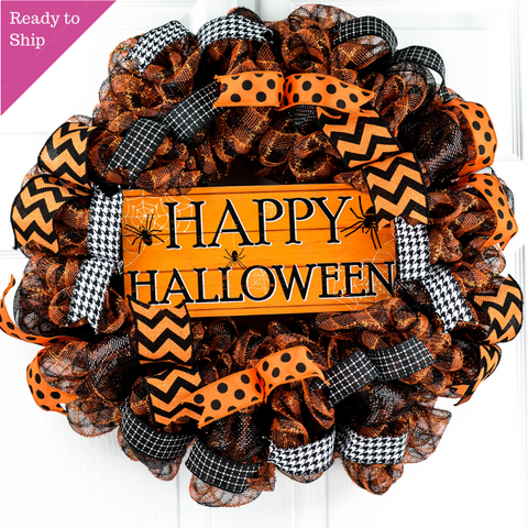 Happy Halloween Door Wreath - Spider Mesh Outdoor Front Door Wreaths - Black Orange White - Pink Door Wreaths