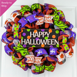 Happy Halloween Door Wreaths - Mesh Outdoor Front Door Wreath - Black Orange Purple Lime Green - Pink Door Wreaths