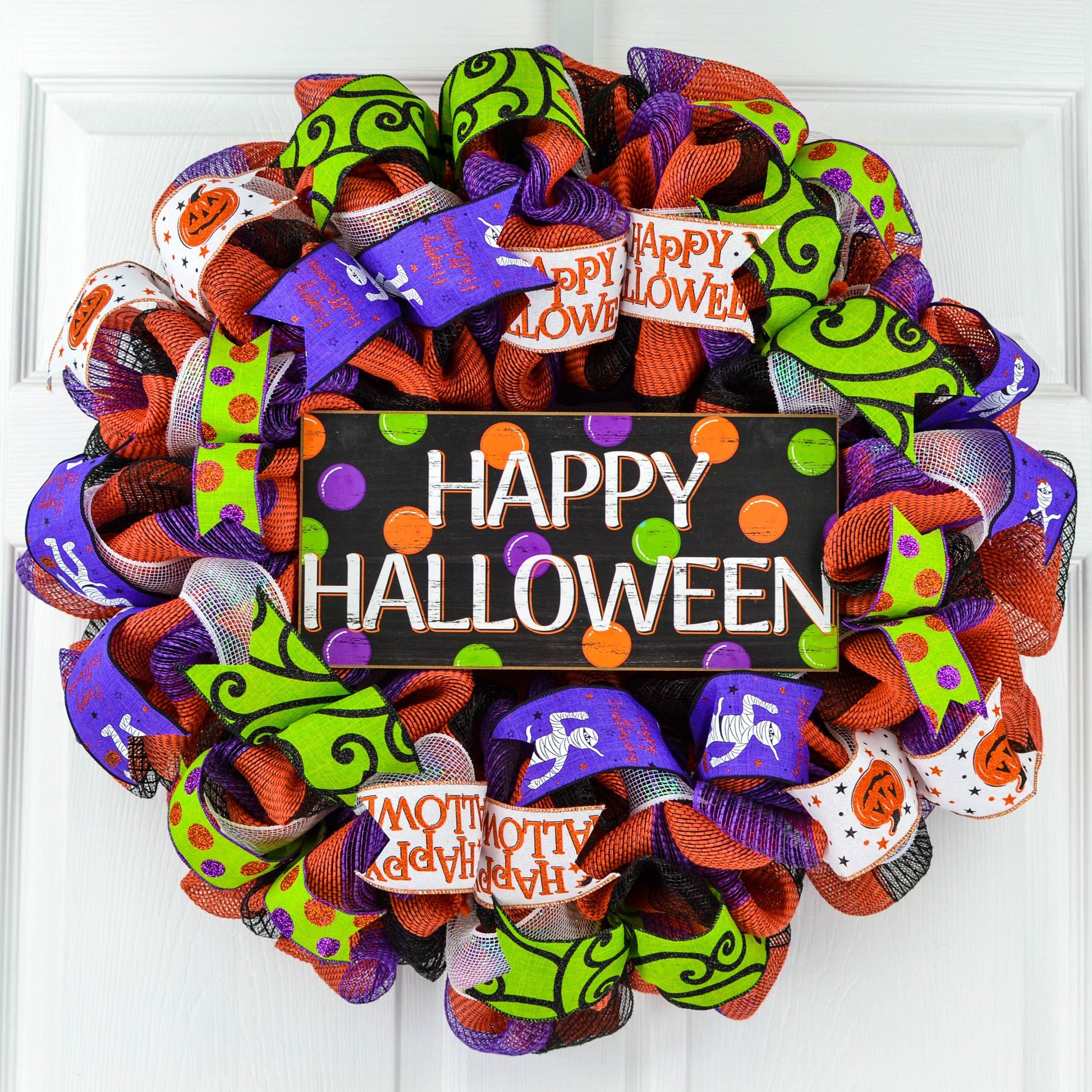 Happy Halloween Door Wreaths - Mesh Outdoor Front Door Wreath - Black Orange Purple Lime Green - Pink Door Wreaths