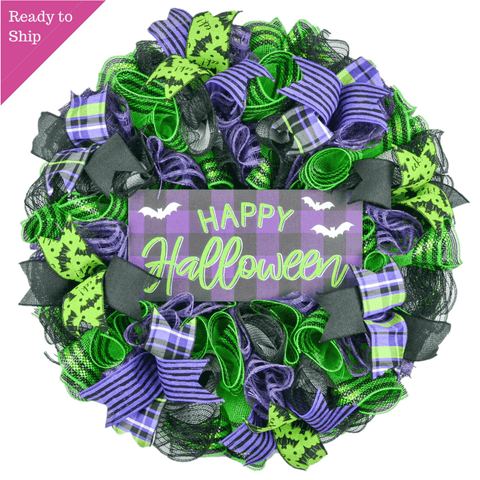 Happy Halloween Wreath - Beautiful Front Door Mesh Wreath - Black Lime Green Purple - Pink Door Wreaths