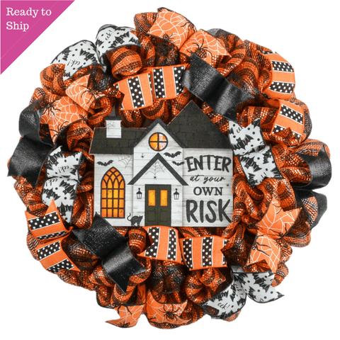 Happy Halloween Wreath - Haunted House Door Wreaths - Enter Own Risk Halloween Front Door Decor ; Orange Black White Stripe - Pink Door Wreaths