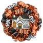 Happy Halloween Wreath - Haunted House Door Wreaths - Enter Own Risk Halloween Front Door Decor ; Orange Black White Stripe - Pink Door Wreaths