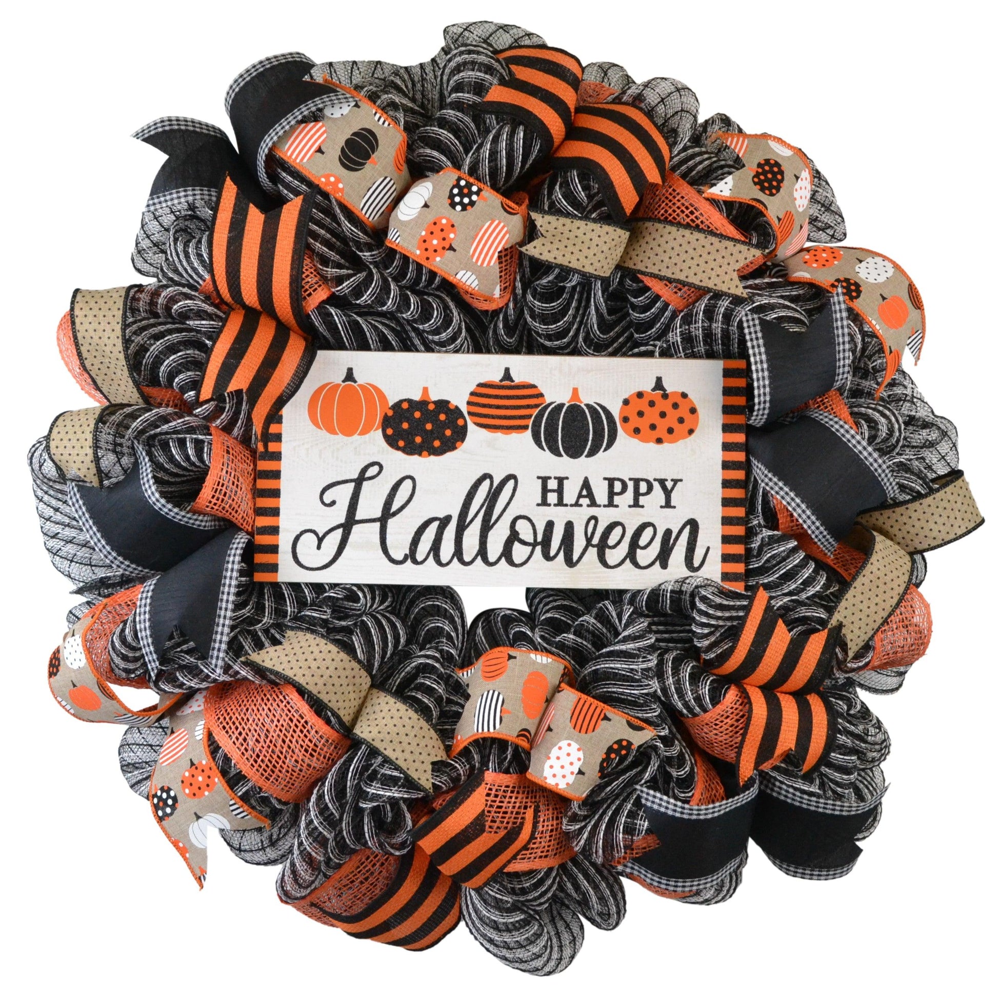 Happy Halloween Wreath - Pumpkin Door Wreaths - Halloween Jack O Lantern Thanksgiving Front Door Decor; Orange Black White Burlap Stripe - Pink Door Wreaths