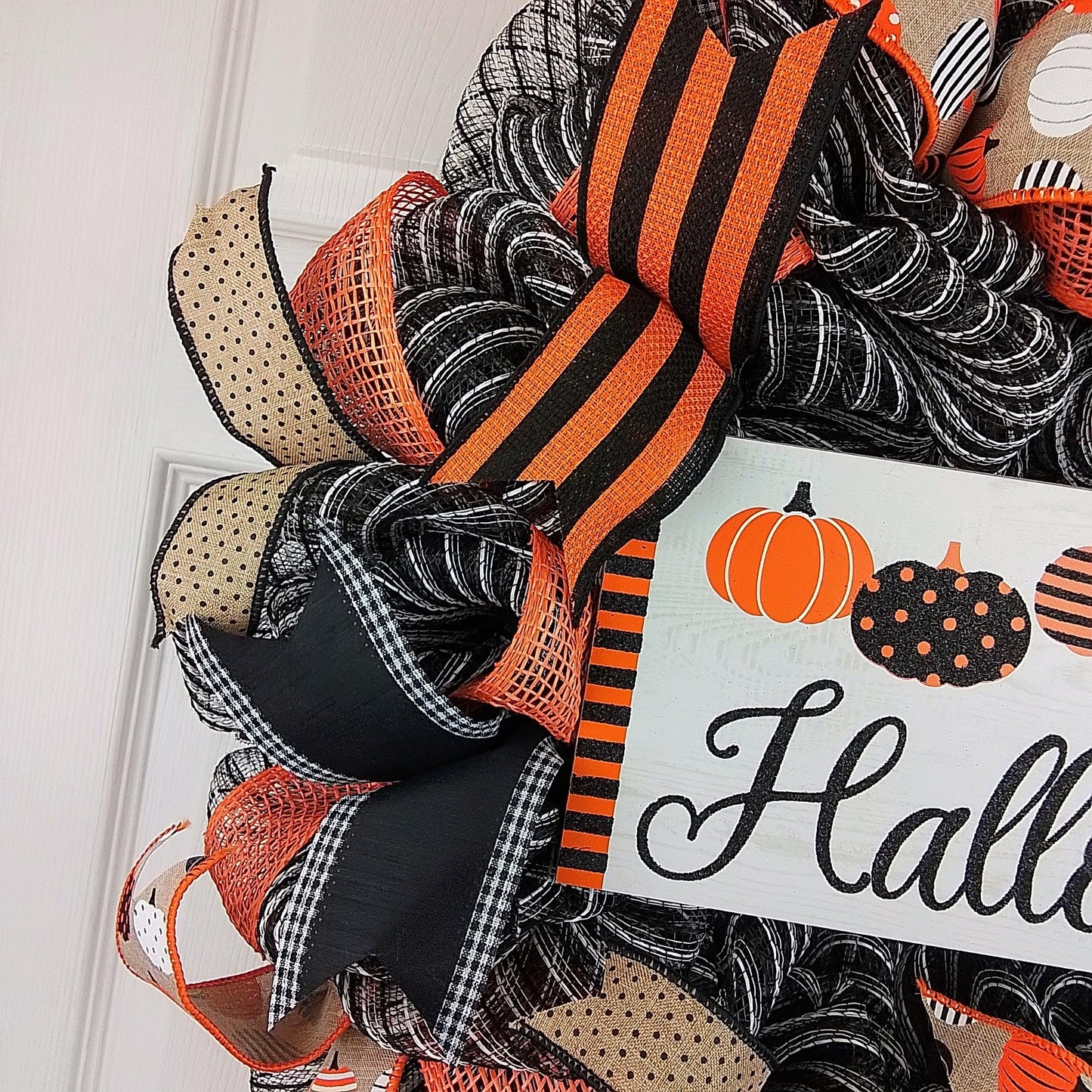 Happy Halloween Wreath - Pumpkin Door Wreaths - Halloween Jack O Lantern Thanksgiving Front Door Decor; Orange Black White Burlap Stripe - Pink Door Wreaths