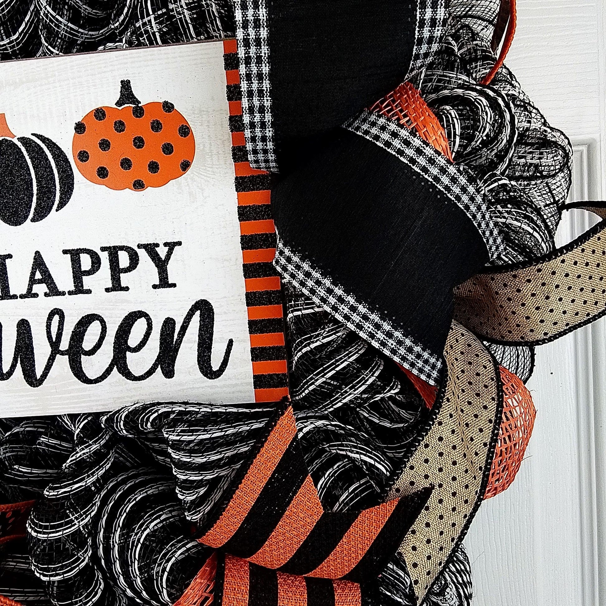 Happy Halloween Wreath - Pumpkin Door Wreaths - Halloween Jack O Lantern Thanksgiving Front Door Decor; Orange Black White Burlap Stripe - Pink Door Wreaths