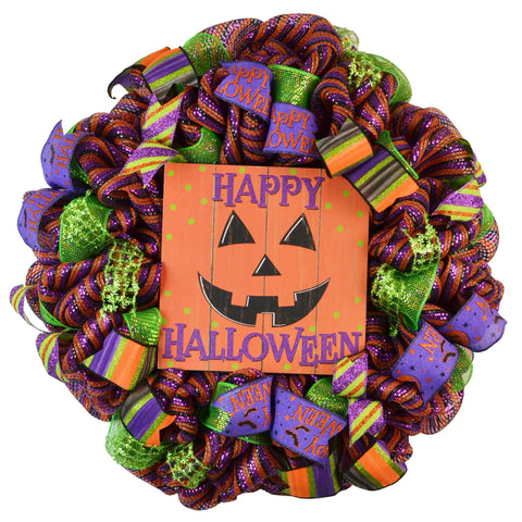 Happy Halloween Wreath - Pumpkin Door Wreaths - Halloween Jack O Lantern Thanksgiving Front Door Decor; Orange Purple Lime Green Stripe - Pink Door Wreaths