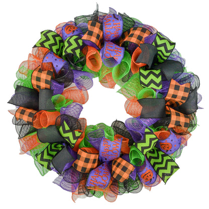 Happy Halloween Wreath - Purple Orange Black Deco Mesh Outdoor Front Door Porch Decor - Pink Door Wreaths