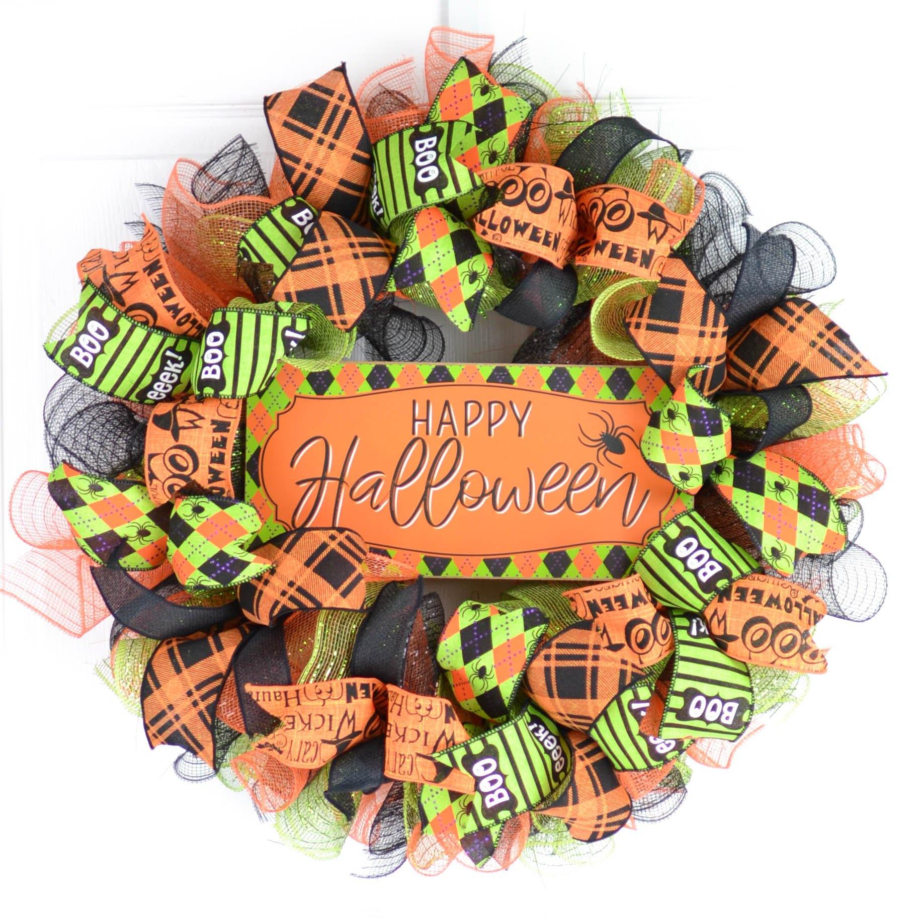 Happy Halloween Wreaths | Mesh Outdoor Front Door Wreath; Black Orange Purple Lime Green… - Pink Door Wreaths