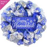 Happy Hanukkah Wreath - Winter Mesh Door Wreath - Royal Blue, White, Silver - Pink Door Wreaths