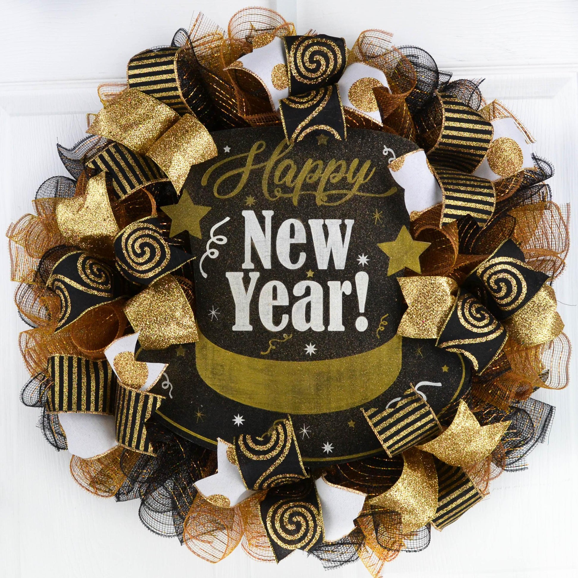 Happy New Year Mesh Front Door Wreath | Black Gold White New Years Eve Decor - Pink Door Wreaths