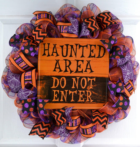 Haunted Area Halloween Mesh Door Wreath | Purple Orange Black - Pink Door Wreaths