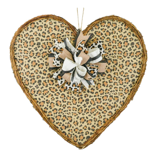 Heart Grapevine Wreath - Cheetah Door Hanger - Animal Print Front Door Decor - Oversized Bow Jute Burlap Door Decorations - Pink Door Wreaths