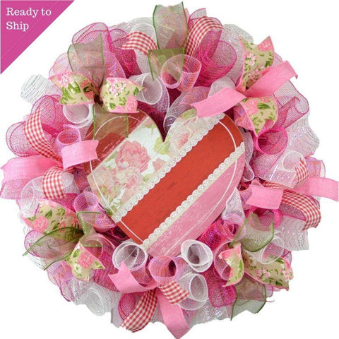 Heart Valentine's Day Wreath - Valentines Mesh Door Wreath - Floral Decor - Pink Door Wreaths