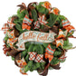 Hello Fall Welcome Autumn Thanksgiving Front Door Outdoor Mesh Wreath; Moss Green Orange Brown - Pink Door Wreaths